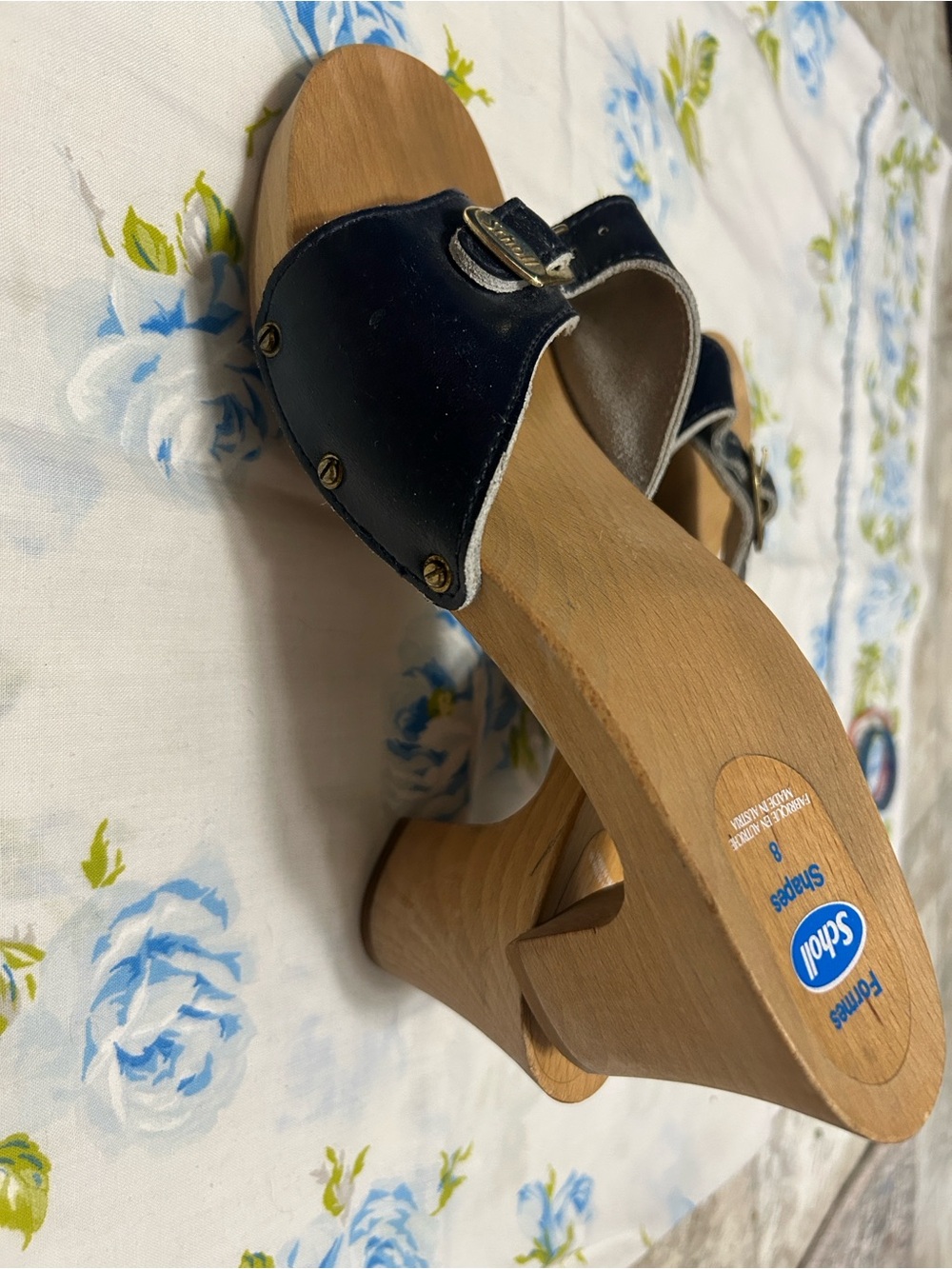 Vintage Scholl Shapes 8 dark navy blue Leather Wooden Clogs Made in Austria